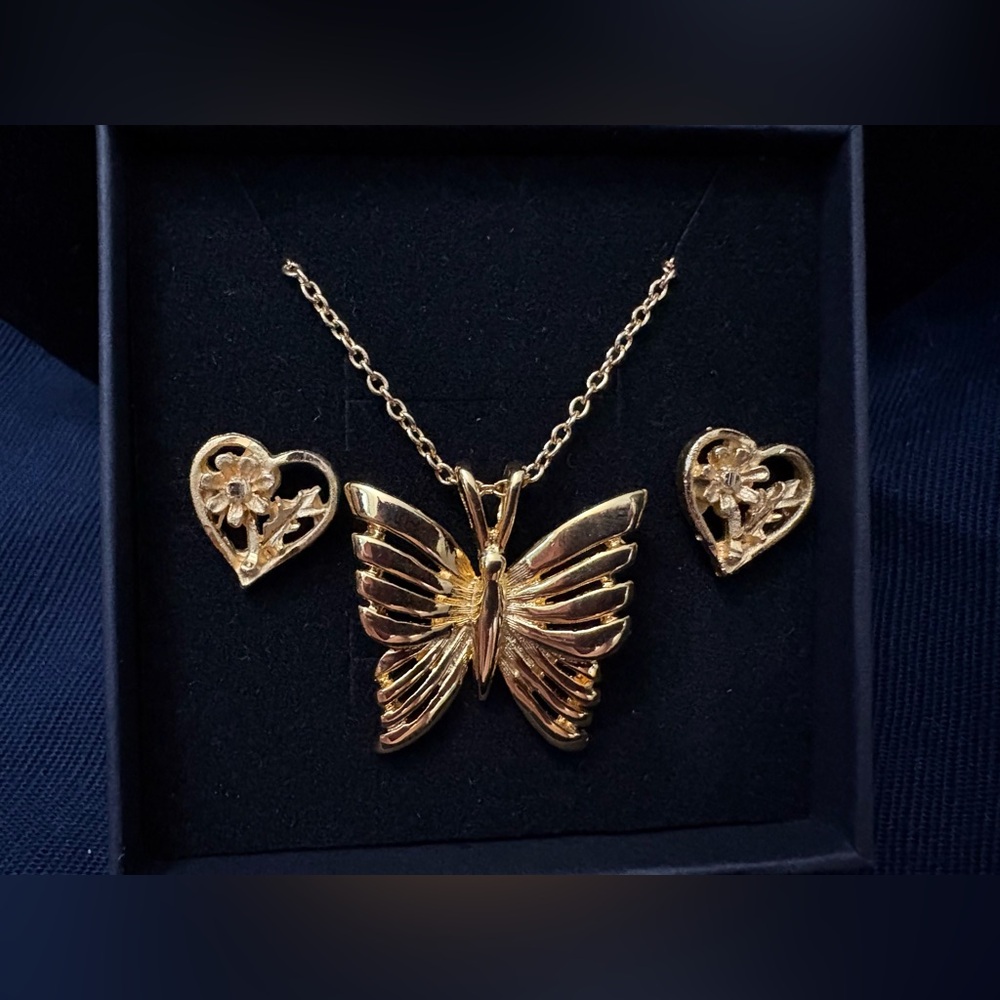 Gold Butterfly Necklace and Heart Earrings Set